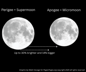 A graphic showing the moon at its perigee as slightlly larger than the moon at its apogee.
