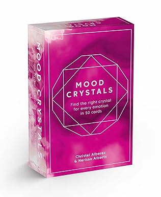 A purple box for a deck of cards stood on its end with the words Mood Crystals on the front.