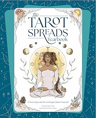 The cover of a blue and white book called The Tarot Spreads Yearbook - the cover shows three women with various skin tones sitting meditating.