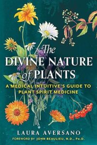 The cover of a book called The Divine Nature of Plants by Laura Aversano; the cover is teal with colorful flowers all over it.