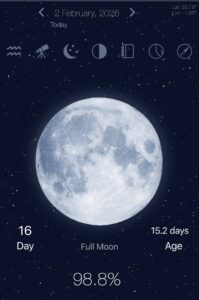 A screenshot of an app showing the date of February the second, and image of the waning gibbous moon in the Northern Hemisphere, and text that indicates the moon is between 98% and 99% visible.  